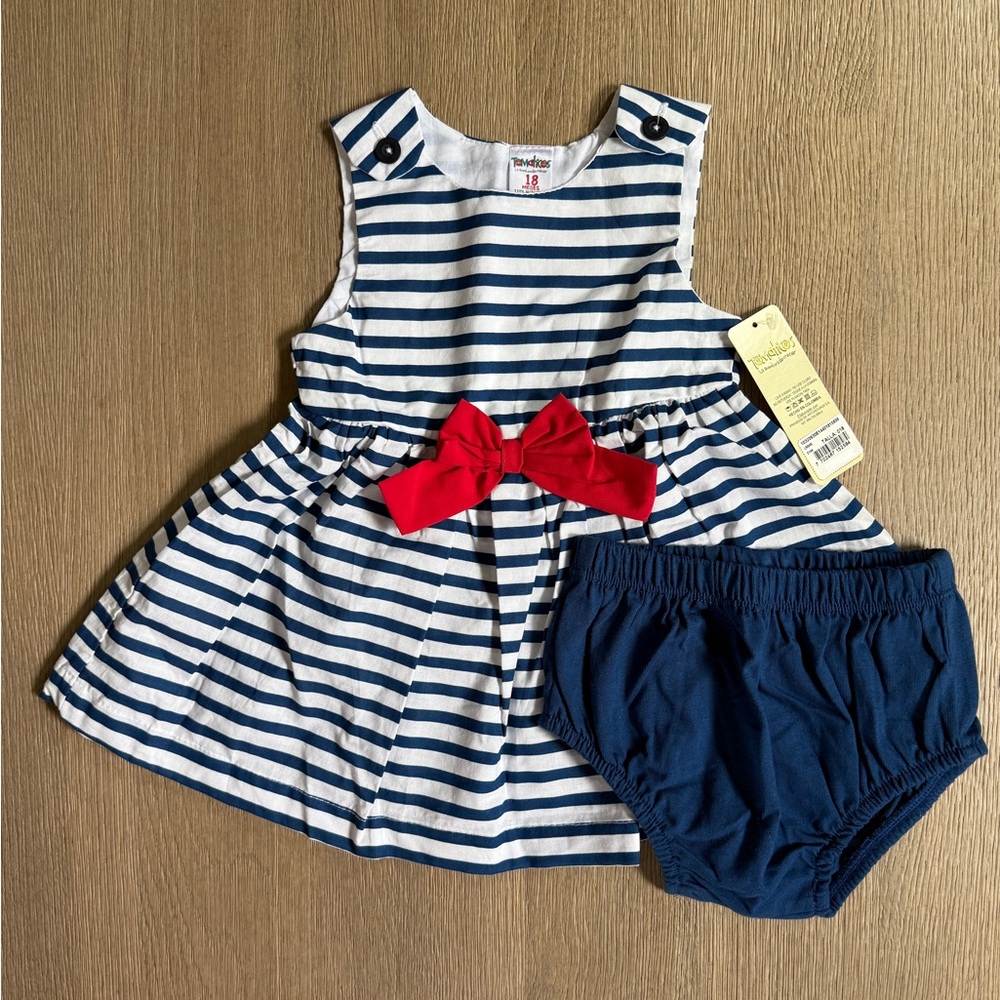 Baby Girl Navy & White Striped Dress with Red Bow + Bloomers Set 18 Months (NWT)
